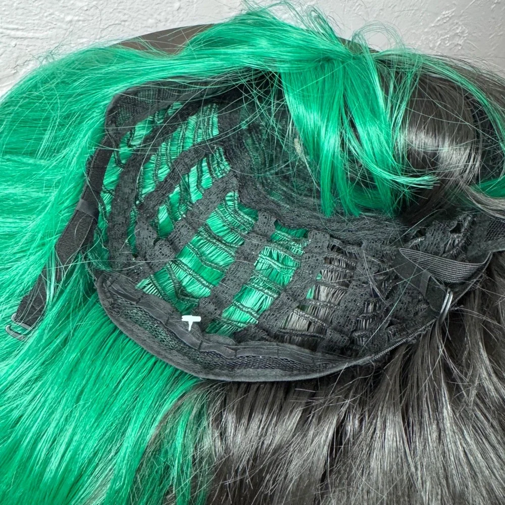 Split Dye Half Green Half Black Long Straight Wig with Bangs 27